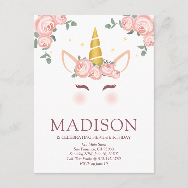 Sparkly Stars and Flowers Unicorn Birthday Postcard (Front)