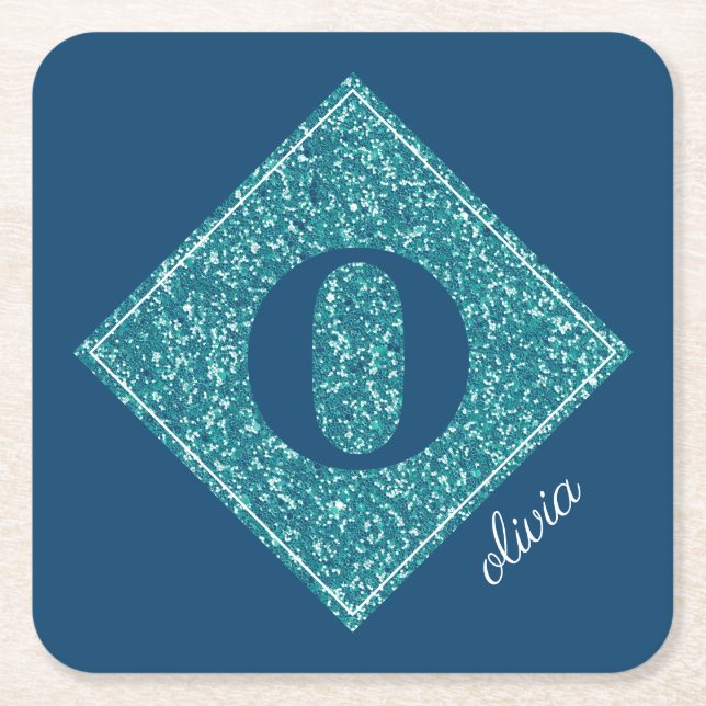 Sparkly Teal Blue Glitter Personalised Coaster (Front)