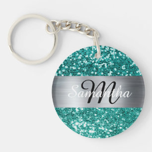 Sparkly Teal Glitter Silver Foil Monogram Key Ring