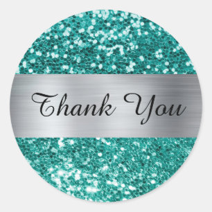 Sparkly Teal Glitter Silver Shimmer Foil Classic Round Sticker