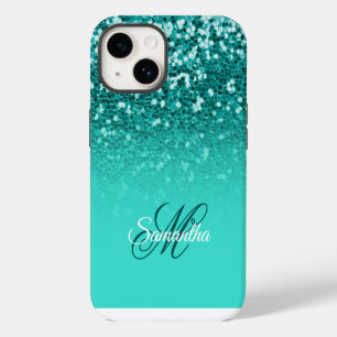 Sparkly Teal Glitter Turquoise Ombre Monogram iPhone 14 Case