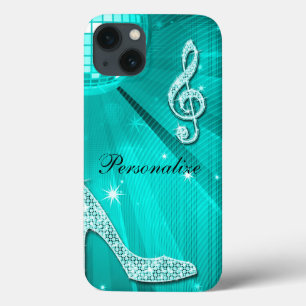 Sparkly Teal Music Note & Stiletto Heel iPhone 13 Case