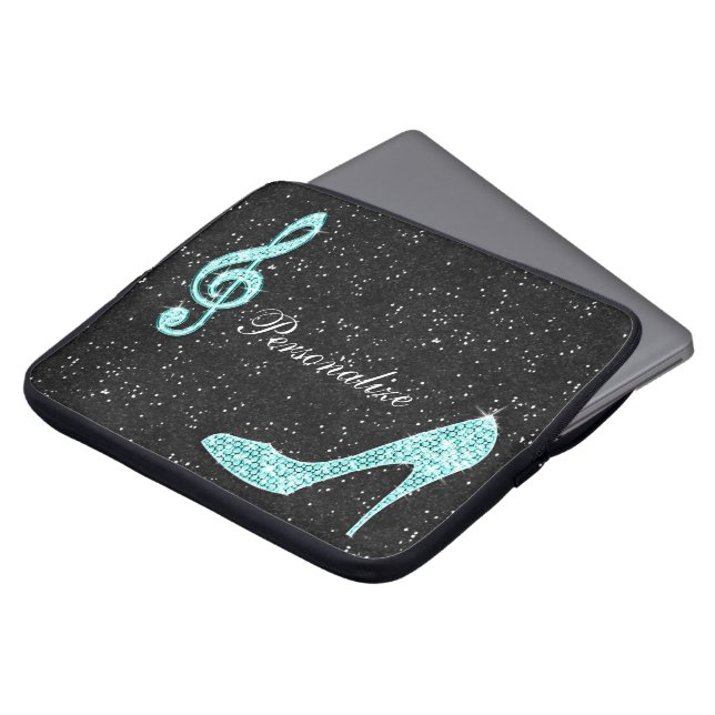 Sparkly Teal Music Note & Stiletto Heel Laptop Sleeve (Front Top)