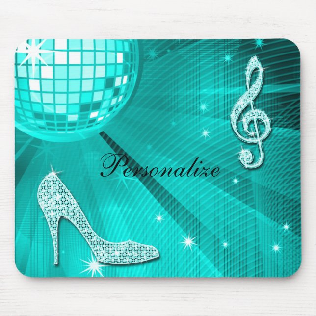Sparkly Teal Music Note & Stiletto Heel Mouse Pad (Front)