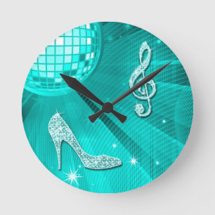 Sparkly Teal Music Note & Stiletto Heel Round Clock