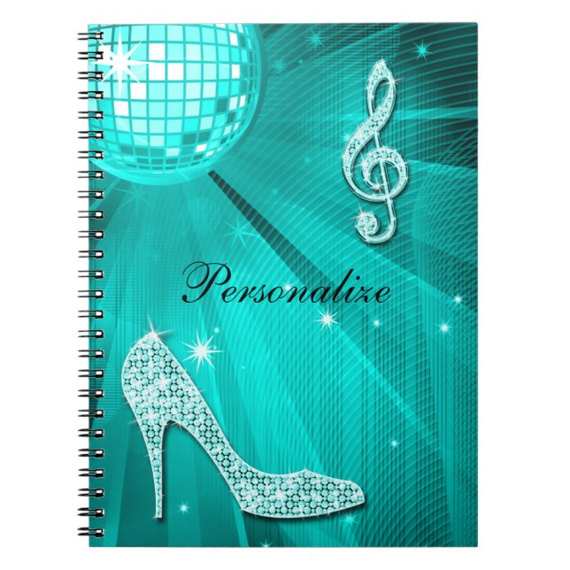 Sparkly Teal Music Note & Stiletto Heel Spiral Notebook (Front)