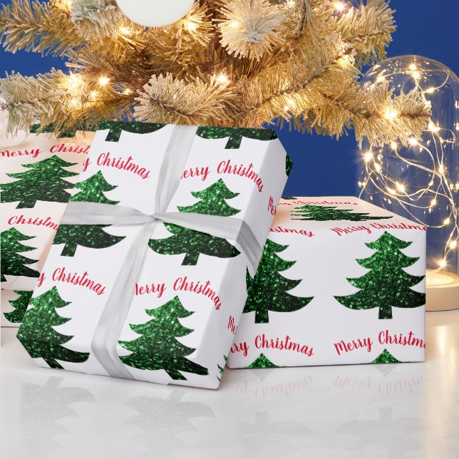 Sparkly tree Merry Christmas white Wrapping Paper (Holidays)