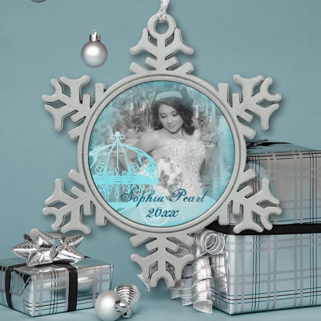 Sparkly Turquoise Princess Photo Ornament (turquoise aquamarine light blue quinceanera metal snowflake photo ornament christmas keepsake)