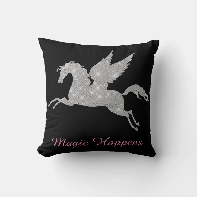 Sparkly Unicorn Black Background Magic Happens Cushion (Front)