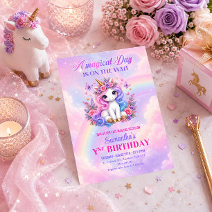 Sparkly Unicorn Rainbow Girl Birthday Invitation