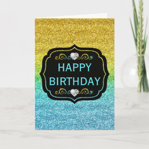 Sparkly Yellow & Blue Gradient Glitter Birthday Card