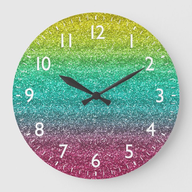 Sparkly Yellow, Blue & Pink Gradient Glitter Large Clock (Front)