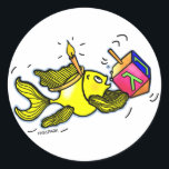 Sparky Hanuka Fish - Comic Cure Drawing Gift Classic Round Sticker<br><div class="desc">"Hanukkah Fish" is a gorgeous comic Gift. Sparky yellow fish is holding a dreidel and wearing a candle-like crown :) Its a perfect gift for a perfect Hanukkah. This gorgeous gift is featured in a range of matching gifts such as: Greeting Cards, Post Cards, US postage stamps, T-shirts, Tea/Coffee Mugs,...</div>