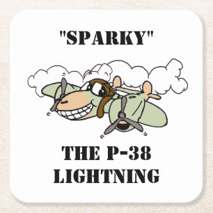 "Sparky" the Cartoon P-38 Lightning Square Paper Coaster