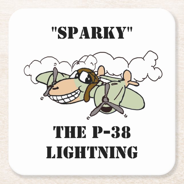 "Sparky" the Cartoon P-38 Lightning Square Paper Coaster (Front)