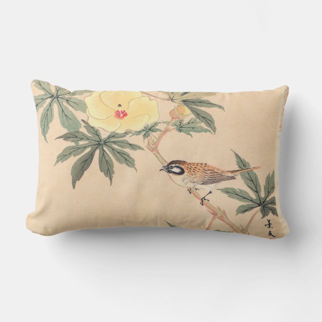 Sparrow and Hibiscus Keibun Matsumoto bird flowers Lumbar Cushion (Front)