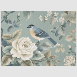 Sparrow Cream White Flowers Painting Decoupage Tissue Paper