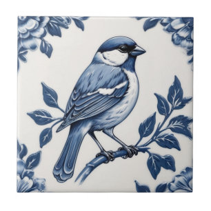 Sparrow Delft Blue and White Floral Bird Tile