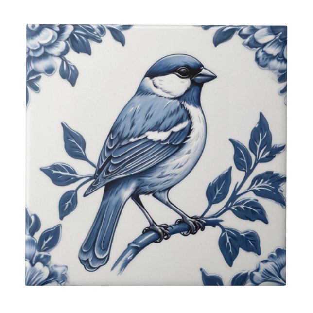 Sparrow Delft Blue and White Floral Bird Tile (Front)