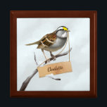 Sparrow Gift Box<br><div class="desc">White-throated sparrow (Zonotrichia albicollis) in the snow. Small wooden board. Custom name. Ideal for gift giving.</div>