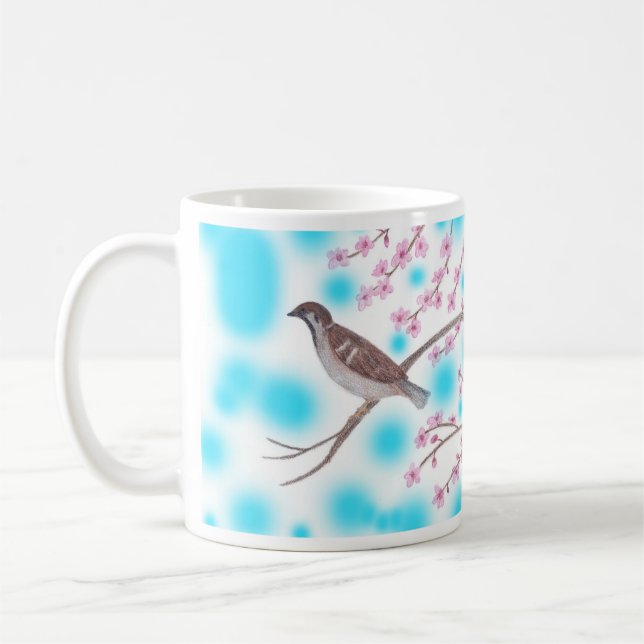 Sparrow in Cherry Blossom Tree Sky Mugs (Left)