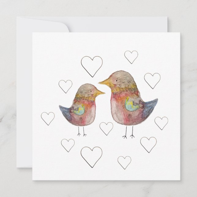 Sparrow In Love, Hearts Pattern Watercolor (Front)