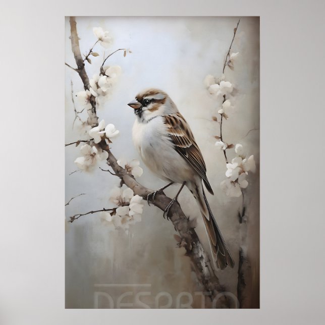 Sparrow Spring Forest Print, Rustic Bird Nursery Poster (Front)
