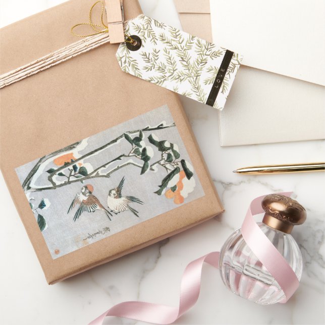 Sparrows and Camellia in Snow by Ando Hiroshige Rectangular Sticker (Gifting)