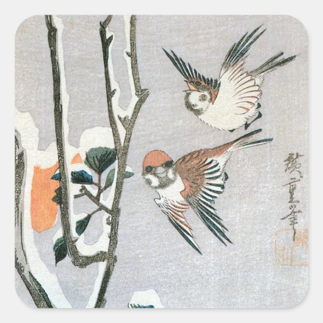 Sparrows and Camellia in Snow by Ando Hiroshige Square Sticker (Front)