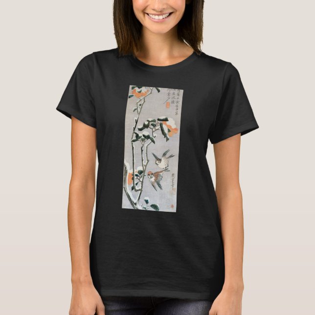 Sparrows and Camellia in Snow by Ando Hiroshige T-Shirt (Front)