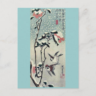 Sparrows and camellias in snow by Ando, Hiroshige Postcard