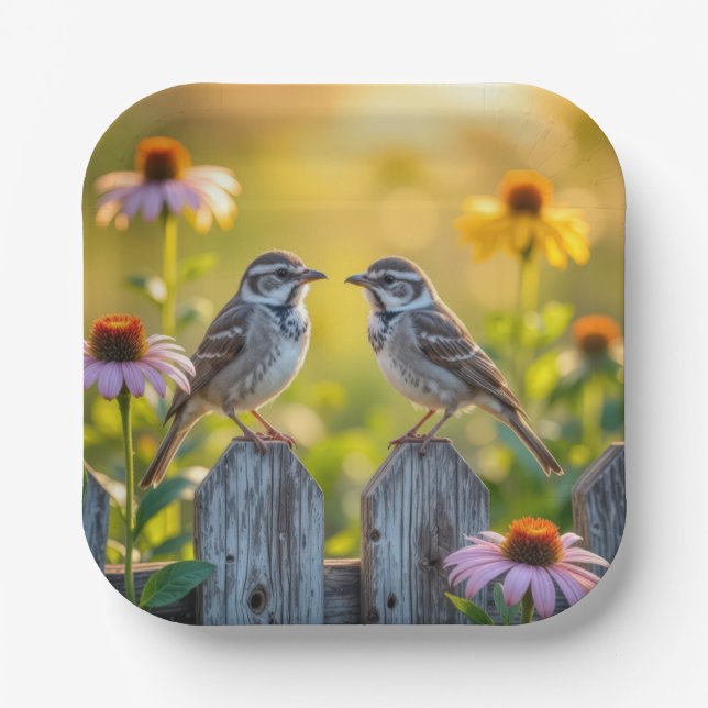 Sparrows and Cone Flowers By a Wood Fence Paper Plate (Front)