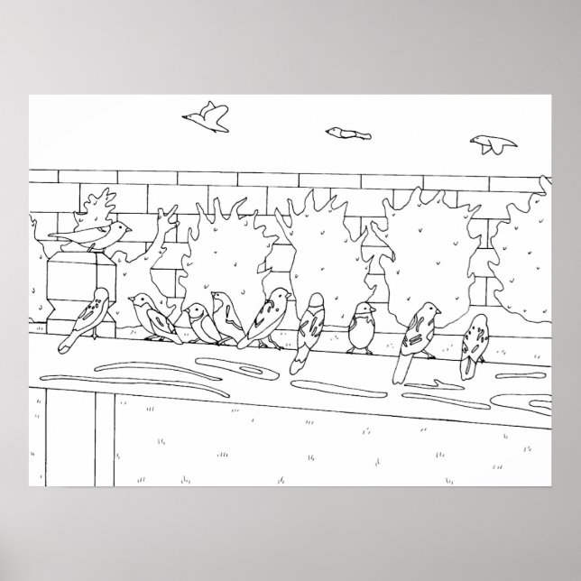 Sparrows Birds meeting on the rail drawing, Poster (Front)