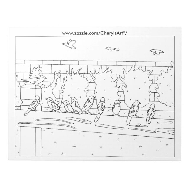 Sparrows Birds Sitting on Rail Outline Colouring Notepad (Front)