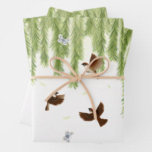 Sparrows & Butterflies Under a Weeping Willow Wrapping Paper Sheet