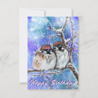 Sparrows Couple In Winter Birthday Card - Painting