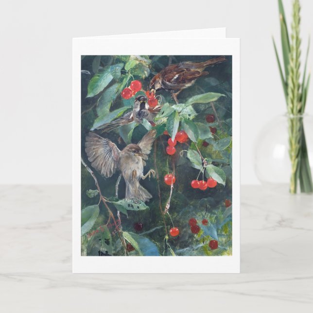 Sparrows in a Cherry Tree, Bruno Liljefors Card (Front)