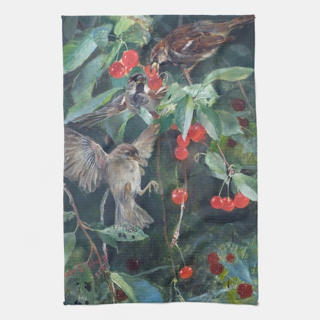 Sparrows in a Cherry Tree, Bruno Liljefors Tea Towel (Vertical)
