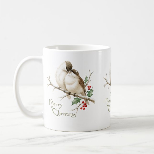 Sparrows on a Christmas Branch Coffee Mug (Left)