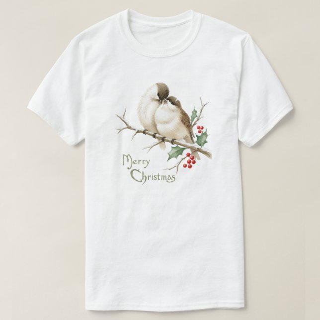 Sparrows on a Christmas Branch T-Shirt (Design Front)