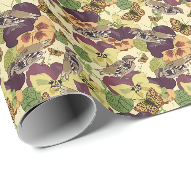  Sparrows & Pansies – Vintage Garden-Inspired Wrapping Paper (Roll Corner)