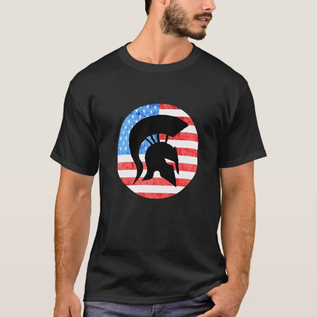Sparta Soldier American Flag Usa Spartan Gladiator T-Shirt (Front)