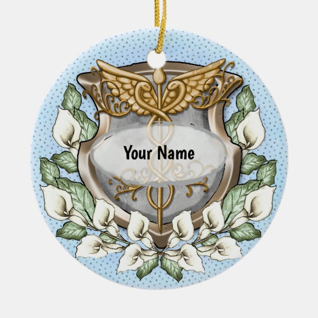 Spath lily shield caduceus  ceramic tree decoration (Front)