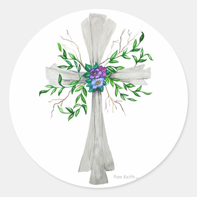 Speak Jesus Grey Cross with Flowers Classic Round Sticker (Front)