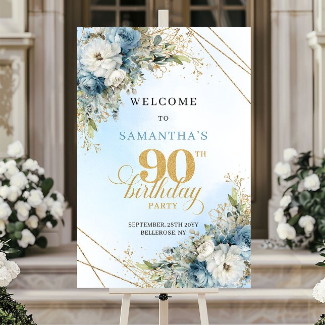 Special Boho dusty blue gold 90th birthday welcome Poster (Special Boho dusty blue gold 90th birthday welcome)