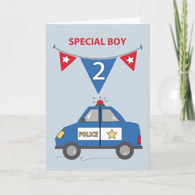 Special Boy 2nd Birthday Blue Police Car Card (Front)