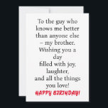 SPECIAL CARD FOR SPECIAL BROTHER'S BIRTHDAY<br><div class="desc">SPECIAL CARD FOR SPECIAL BROTHER'S BIRTHDAY Card with message "To the guy who knows me better than anyone else – my brother. Wishing you a day filled with joy,  laughter,  and all the things you love!" 
Customise back with your name</div>