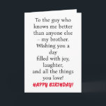 SPECIAL CARD FOR SPECIAL BROTHER'S BIRTHDAY<br><div class="desc">SPECIAL CARD FOR SPECIAL BROTHER'S BIRTHDAY Card with message "To the guy who knows me better than anyone else – my brother. Wishing you a day filled with joy,  laughter,  and all the things you love!" 
Customise back with your name</div>