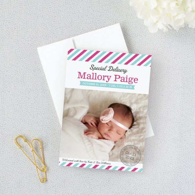 Special Delivery Aqua Pink Airmail Baby Girl Announcement (Creator Uploaded)