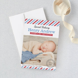 Special Delivery Baby Boy Blue and Red Photo Birth Announcement